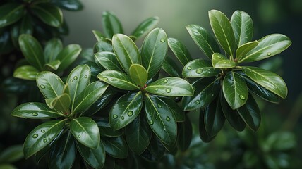 Fresh green leaves with water droplets in natural forest environment closeup
