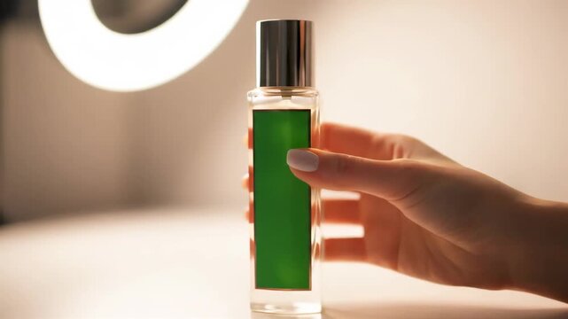 Luxury Beauty Product Mockup: Close-Up on a Skincare or Fragrance Bottle with a Customizable Green Screen Label