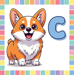 Happy Cartoon Corgi with Letter C for Kids illustration