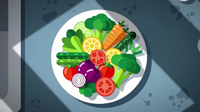 Flat vector plate of fresh veggies on a gray surface, light and shadow