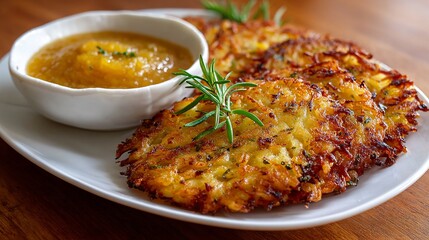 Golden potato pancakes served with applesauce, a delightful comfort food experience