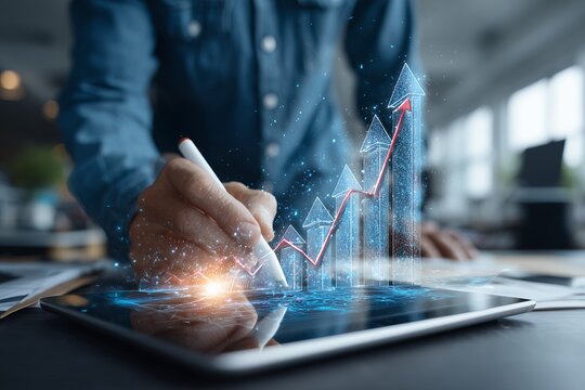 Close-up on the hand of the Chief Financial Officer analyzing growth chart on digital tablet, concept for investment strategy, business development and financial analysis