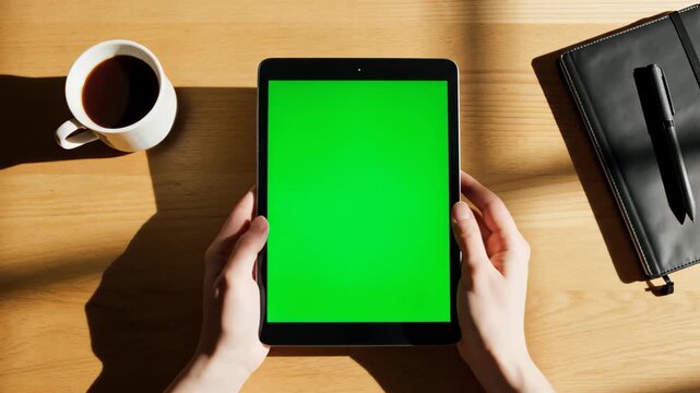 Top-Down View of a Person Holding a Tablet with a Green Screen for Mockup, on a Wooden Desk with Coffee and Notebook