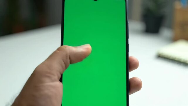 Close-Up of a Hand Holding and Scrolling on a Smartphone with a Green Screen, Perfect for App and Social Media Mockups