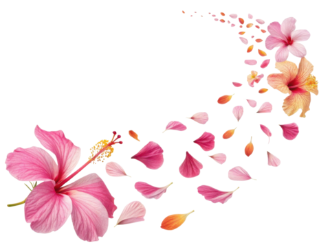 Hibiscus flowers vibrant pink and orange hues create stunning visual display with petals gracefully falling, evoking sense of beauty