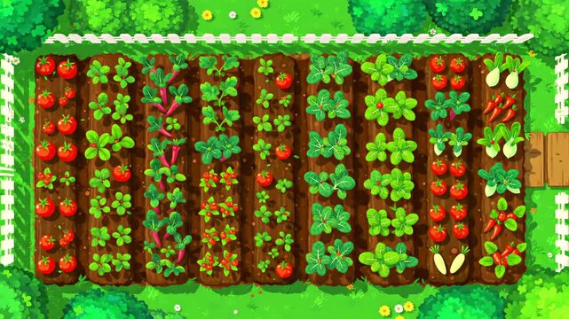 Cartoon vegetable garden with rows of crops in brown soil, fenced in