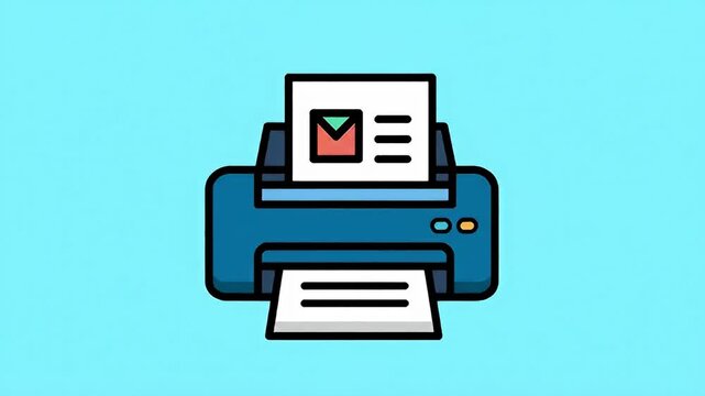 Blue printer with printed page on light blue background