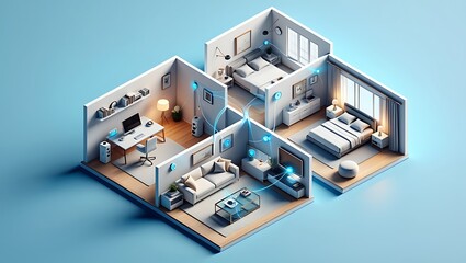Modern Smart Home Interior Design With Connected Devices and Blue Futuristic Glow