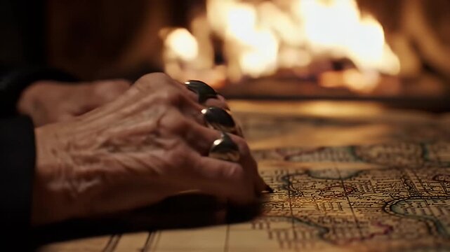 Hand with large rings over an old map, warm fireplace light in background