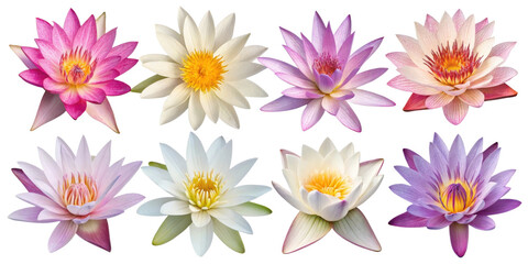 Beautiful lotus flowers in various colors showcase their delicate petals and vibrant centers, creating serene and tranquil atmosphere