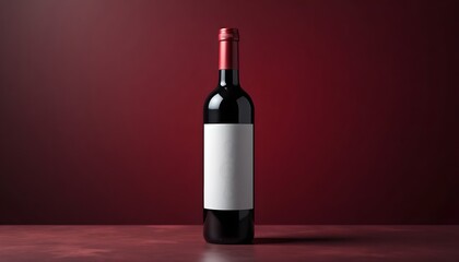 Mockup of an elegant red wine bottle with a blank label against a deep, moody background