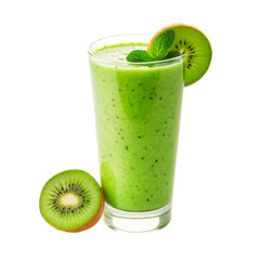  Kiwi fruit smoothie in glass with green color and kiwi slice isolated on transparent background

