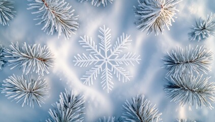 Frosty pine branches encircle a large snowflake