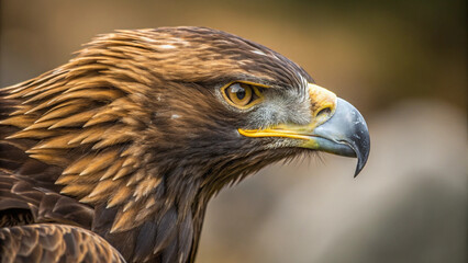 Fototapeta premium Close up portrait of a golden eagle showing its sharp beak and intense yellow eye looking to the right