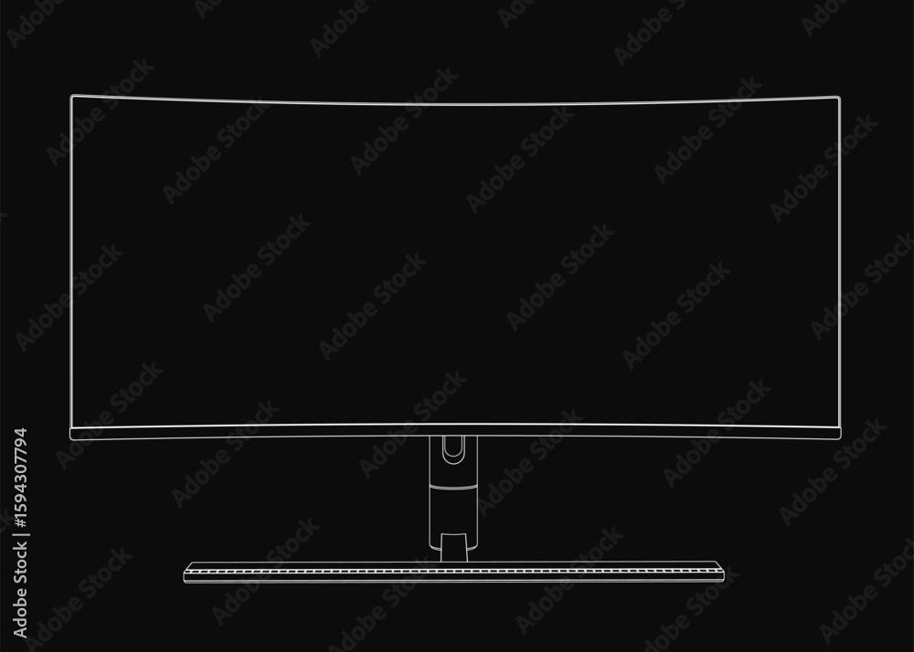 Fototapete A computer monitor with clean white contour lines stands out against a black background. The minimalist line drawing emphasizes the screen and frame details. Perfect for tech concepts, presentations.