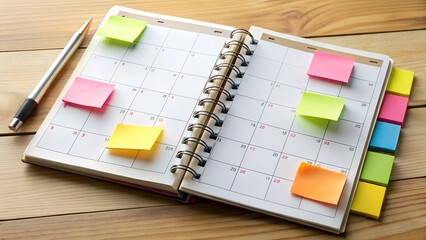 Open Calendar Planner with Colorful Sticky Notes and a Pen on Wood new 2025 trendy