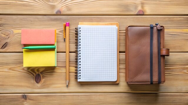 Notebooks Sticky Notes and Pencil on a Wooden Desk Surface new 2025 trendy