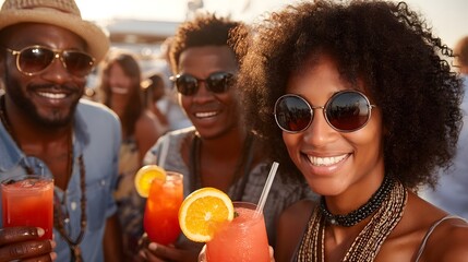 Friends celebrating summer on a rooftop with refreshing drinks