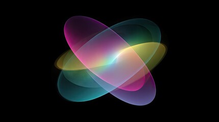 Colorful overlapping translucent shapes on black background.