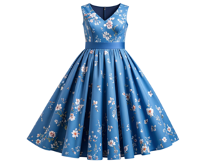  Elegant Blue Floral Midi Dress Isolated PNG