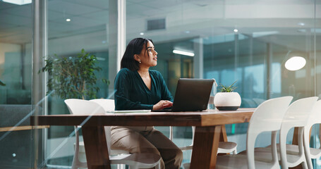 Laptop, thinking and business woman in office with ideas for proposal, finance report or strategy. Corporate, financial consultant and person on computer for problem solving, solution or insights