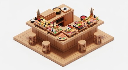 Miniature Sushi Bar Display with Assorted Sushi and Wooden Stools