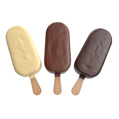Three ice cream bars with chocolate and vanilla coating on a stick
