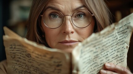 Vintage lecture notes female middle-aged straight brown hair thin eyebrows examining camera curious expression age-appropriate glasses aged paper