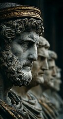 Closeup of weathered grey marble busts of Roman emperors adorned with gold laurel wreaths detailed carvings and textured surfaces showcasing a dramatic chiaroscuro effect against a dark background