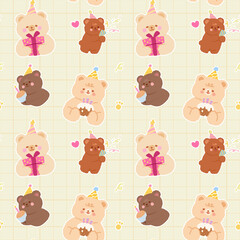 Seamless cute birthday bear pattern featuring adorable cartoon teddy bears celebrating with party hats, balloons, cupcakes, and gifts. Designed in soft pastel tones, perfect for kids' party decoration