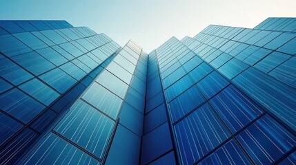 Solar panel silhouette abstract geometric interpretation overhead perspective bold angular shapes navy blue gradients minimalist gray background high saturation