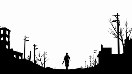 Silhouette of a soldier walking through a desolate landscape with destroyed buildings and power lines