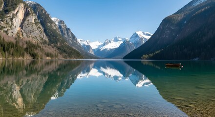 Naklejka premium Lake Landscape with Mountains and Boat Under Clear Sky