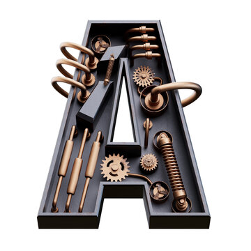 Steampunk style font concept. Vintage mechanical Alphabet. Numbers And Letters. 3d rendering isolated on white background
