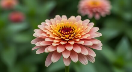 Peach Zinnia Flower Against Green Foliage