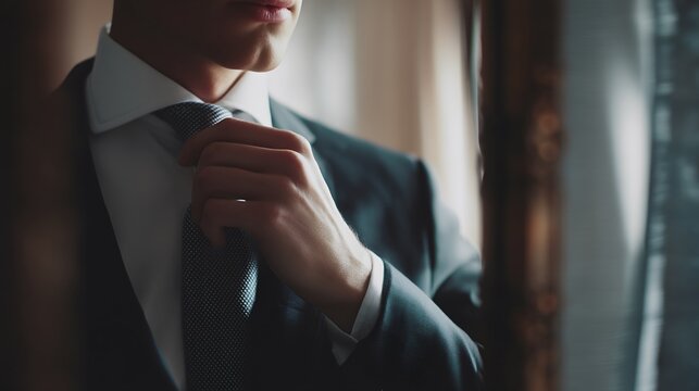 Elegant groom adjusting his tie in front of mirror with soft focus creating a dreamy atmosphere - Powered by Adobe