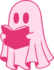Cute Pink Ghost Reading Illustration – Whimsical Halloween Character with Book for Literacy Campaigns, Cozy Decor & Seasonal Merchandise