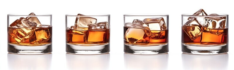 Four rocks glasses of amber liquor