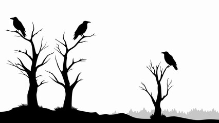 Silhouette of crows perched on bare trees against a white background in a minimalist style landscape