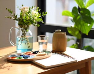 A still life composition featuring art supplies, flowers, and a refreshing drink.