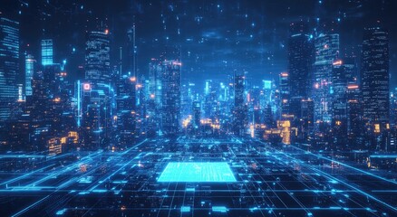 Futuristic city skyline, digital network