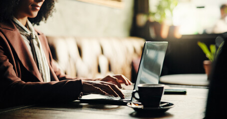 Creative, employee and hands with laptop, cafe and digital marketing on web, remote work and online. Freelance, social media specialist or person with tech for brand identity, research or coffee shop