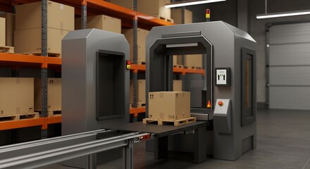 Automated Gray Machine Scanning Cardboard Box in Warehouse