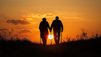 Silhouetted senior couple walks hand-in-hand at sunset