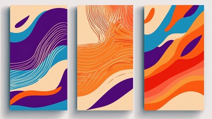 Three abstract art panels with layered, flowing shapes.