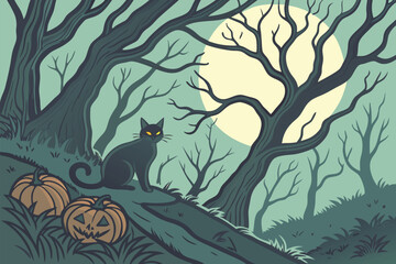 Cat in a Haunted Halloween Forest Scene