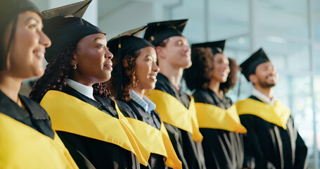 College, diversity and smile with students at graduation for alumni ceremony, achievement and...
