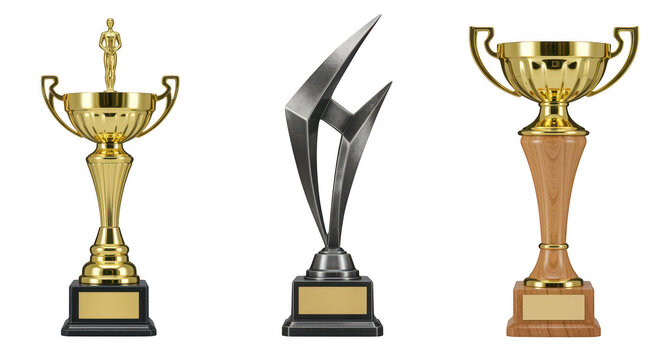 Trophy Trio: A striking collection of three distinct trophies, each reflecting an air of achievement, ready to be bestowed upon the deserving, embodying the essence of recognition and success.