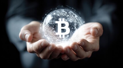 Digital bitcoin symbol held in hands.