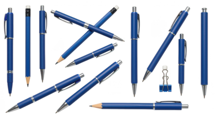 Blue Pens Collection: A captivating assortment of sleek, blue pens of varying designs, showcasing the elegance of office supplies and the art of writing.